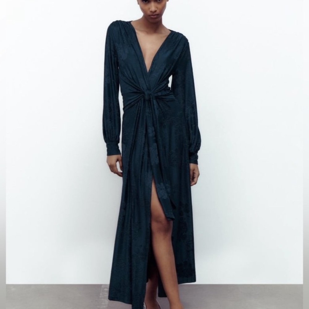 Zara long jacquard dress navy blue - size Large - Picture 5 of 11
